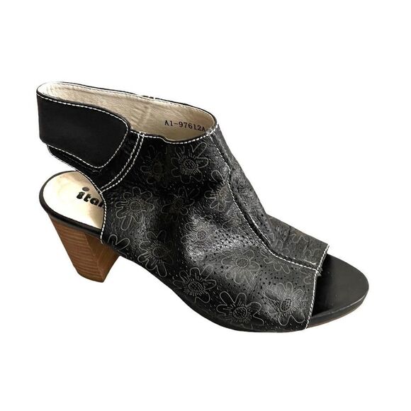 ITALMODA Leather Sling Back Open Toe Sandals Shoes Heel Floral Design Black 41 - Picture 4 of 12